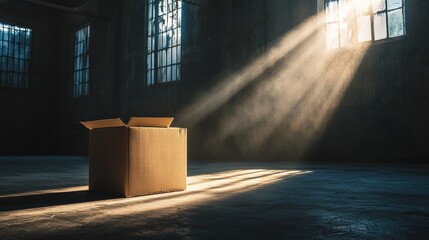 A simple cardboard box in a dark warehouse, with radiant light spilling out, creating sharp contrasts and evoking themes of mystery and potential