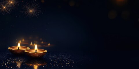 Fototapeta premium Minimalistic golden outline of diyas with soft glowing flames on a dark navy background, subtle fireworks in the distance, ample text space, SLR photography.