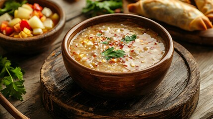 Egg rolls served on a rustic wooden table with a side of pickled vegetables and chili oil