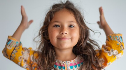 The image depicts a young girl with long brown hair adorned in a vibrant yellow dress featuring colorful patterns posing with her arms raised in a playful gesture.