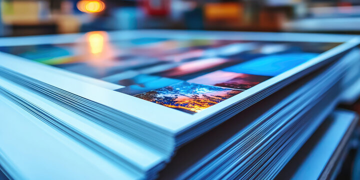 Close-up print of photo on glossy photo paper. Printing house, printing process