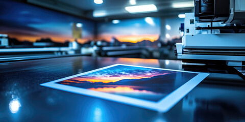 Close-up print of photo on glossy photo paper. Printing house, printing process