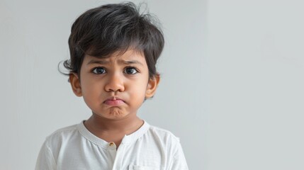 A young boy with dark hair and a white shirt looking upset.