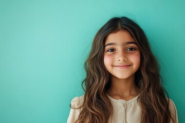 Fototapeta premium Smiling girl with wavy hair against turquoise background