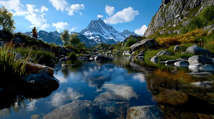 A beautiful mountain landscape with a river flowing through it