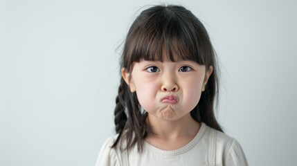 A young girl with dark hair and bangs making a kissy face at the camera.