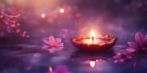 Decorative diya glowing softly on a glossy purple surface, surrounded by a warm light haze and subtle floral details, half the image left for text, professional SLR shot.