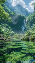 Captivating tropical waterfall oasis surrounded by a lush verdant forest landscape  Tranquil stream flowing over mossy rocks and plunging into a serene pool creating a breathtaking natural paradise