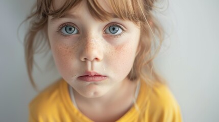 The image depicts a young girl with a tearful expression wearing a yellow shirt and sporting blue eyes and blonde hair.
