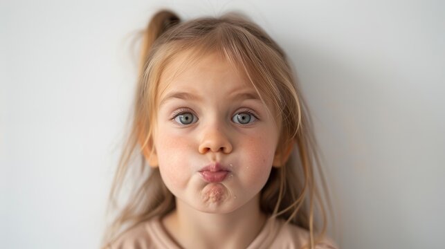 A young girl with blonde hair and blue eyes making a kissy face at the camera.