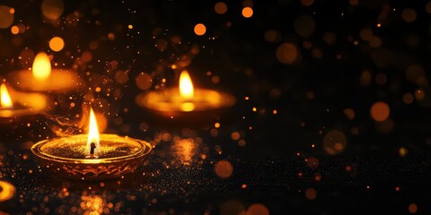 Obraz premium Golden diya outlines with glowing flames on a black background, digital particle effects scattered across the frame, leaving space for text, SLR shot realism.
