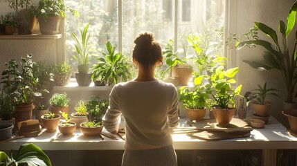 Woman Gardeners Transplanting Plants in Ceramic Pots on the Workbench