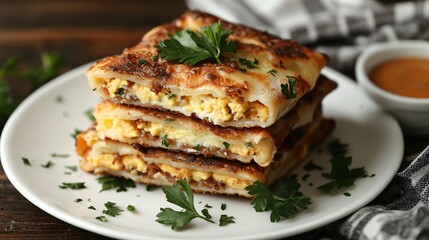 Isolated egg rolls stacked neatly on a white plate, with decorative parsley leaves and a side of sauce