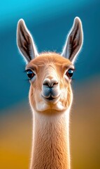 Obraz premium Photorealistic Portrait of a Cute Llama with Blue Background
