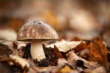 Fototapeta premium Mushroom growing among autumn leaves in a serene forest setting