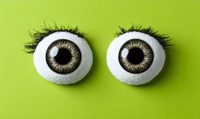 Playful pair of googly eyes on a vibrant green background. Perfect for quirky designs, Halloween themes, or whimsical projects.