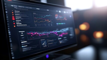 Fototapeta premium A futuristic logistics dashboard with interactive holographic displays of annual growth trends and transport analytics, Sci-fi, Cool tones, High-tech
