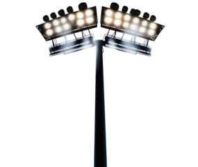 Illuminated stadium spotlights beam, bright stage performance lighting, glowing arena floodlights, theatrical entertainment projections, dramatic searchlight elements