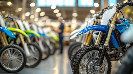 Motorbike shop with blurred dirt bikes in combined colors - blue, green, white. Customer is standing back and picking out a new dirt bike.