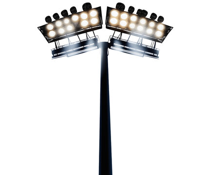 Illuminated stadium spotlights beam, bright stage performance lighting, glowing arena floodlights, theatrical entertainment projections, dramatic searchlight elements