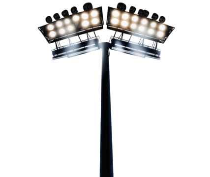 Illuminated stadium spotlights beam, bright stage performance lighting, glowing arena floodlights, theatrical entertainment projections, dramatic searchlight elements
