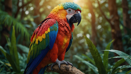 A vibrant parrot perched on a branch amidst lush greenery in a forest setting.