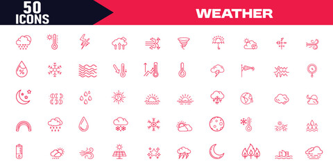 Weather Editable Stroke Outline Icons Set, Vector Illustration of Climate, Temperature, Forecast Symbols. Perfect for Web, Apps, and Graphic Design.