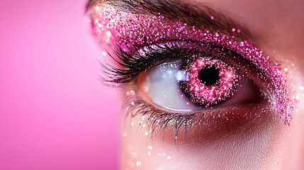 Valentine background affection gradient. A close-up of an eye adorned with pink glitter and sparkles, featuring a captivating, shimmering effect against a soft pink background.