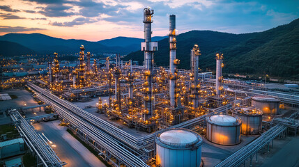 Top view of a large oil and petrochemical refinery with group of a crude oil storage tanks. Close-up of industrial pipelines of an oil-refinery plant.
