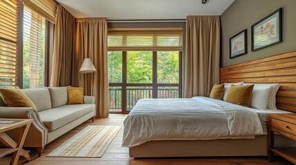 Stylish home bedroom interior with bed and sofa on hardwood floor, nightstand with plant and books. Panoramic window with tulle and curtain. 3D rendering