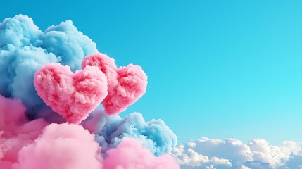 Fototapeta premium Valentine background affection gradient. A bright sky filled with fluffy pink and blue clouds shaped like hearts, creating a whimsical and romantic atmosphere.