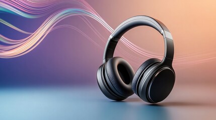 Modern black headphones with flowing colorful sound waves on gradient background