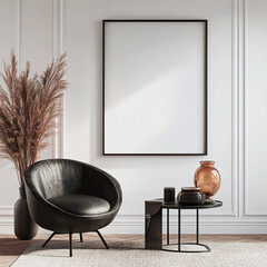 template, interior background with an empty frame for a painting in the style of minimalism and conciseness,in a light, white frame and in a dark frame
