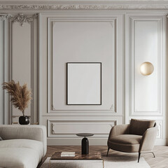 template, interior background with an empty frame for a painting in the style of minimalism and conciseness,in a light, white frame and in a dark frame