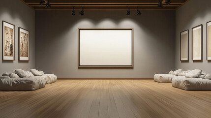 template, interior background with an empty frame for a painting in the style of minimalism and conciseness,in a light, white frame and in a dark frame