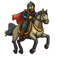 Fototapeta premium Brave medieval knight illustration, heroic warrior on horseback, ancient battle armor design, historic chivalry symbol, sword and shield character art