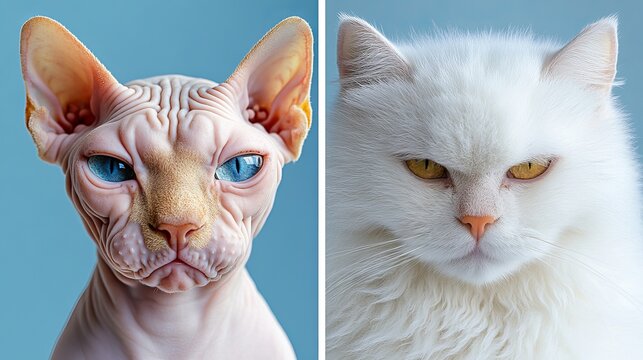 A striking comparison of a Sphynx cat with blue eyes and a fluffy white Persian cat, showcasing their unique features and expressions against a soft blue backdrop.