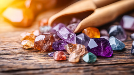 Colorful Raw Crystals on Wooden Surface with Scoop in Warm Light Setting