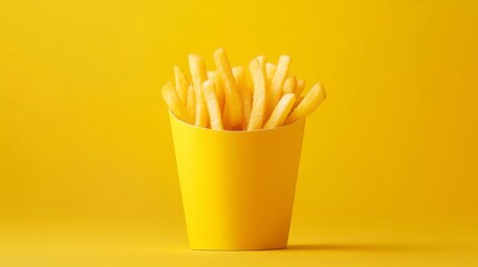 A bright yellow cup filled with crispy golden fries stands out against a matching background. This vibrant presentation offers a playful and appetizing view