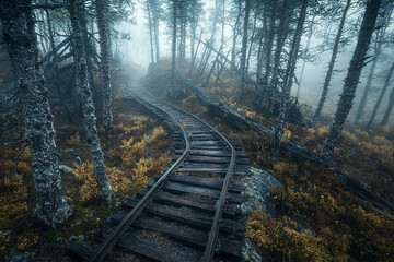 Obraz premium Foggy forest path along abandoned railroad tracks in autumn