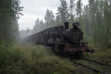 Naklejka premium Vintage steam train travels through misty forest landscape