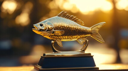 A shiny golden fish trophy sits on a pedestal outdoors, illuminated by a warm sunset. The backdrop features blurred colors enhancing the focus on the trophy. Copy space is available for added text