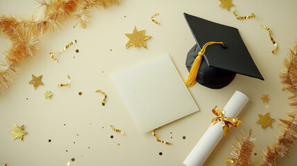 A graduation cap rests alongside a rolled diploma tied with a ribbon and a blank card. Golden stars and confetti create a festive atmosphere ideal for celebration
