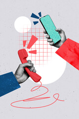 Sketch design trend artwork poster 3D photo collage of incognito hands hold landline phone line...