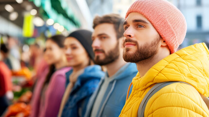 Fototapeta premium Young Adults in Colorful Jackets at a Vibrant Outdoor Marketplace during a Bright Day