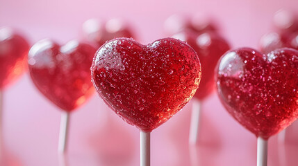 Obraz premium A close-up of shiny red heart-shaped lollipops on a pink background, evoking feelings of love and sweetness.