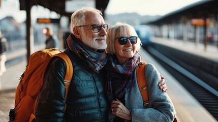 An elderly couple stands closely together at a train station, smiling and embracing. They wear sunglasses and have backpacks, ready for their journey ahead