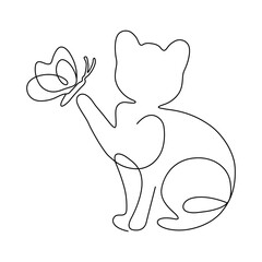 Single line art of cat with butterfly vector art illustration