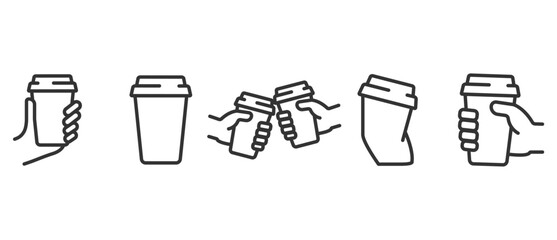 Flat icon set of Hand holding paper cup with drink. A hand is holding a coffee cup flat icon. Vector illustration of a hand holding a mug of coffee to takeaway in transparent background. Eps10