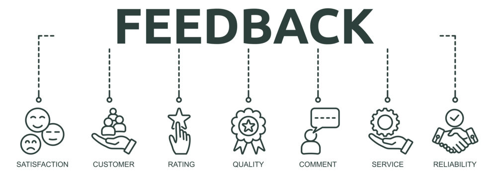 Printfeedback outline banner icon of satisfaction, customer, rating, quality, comment, service, reliability